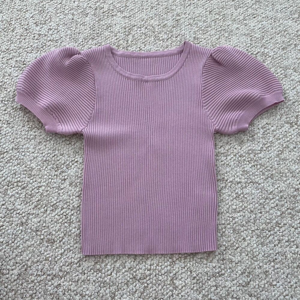 DAZY Lilac Light Purple Ribbed Knit Top with Short Puff Sleeves Size S 4 6